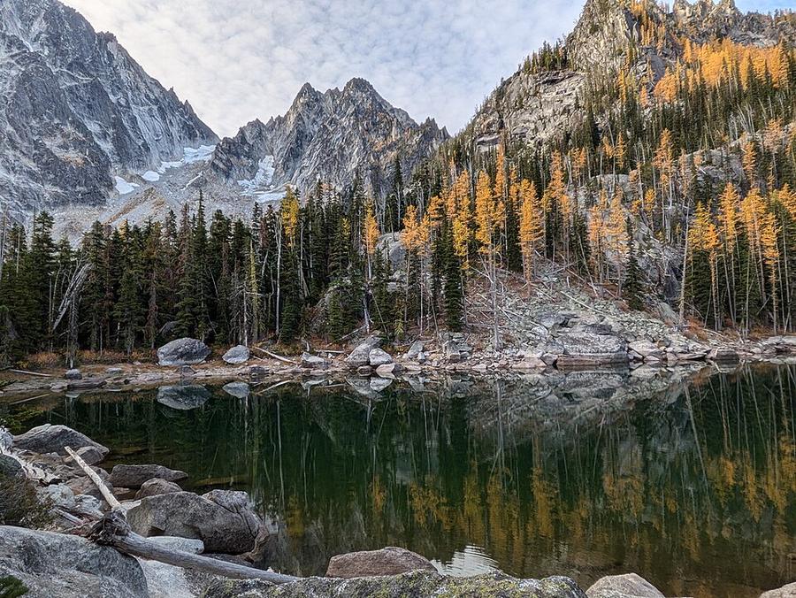 The remnants of Colchuck Glacier to the left of Colchuck Peak, above Lake Colchuck  October