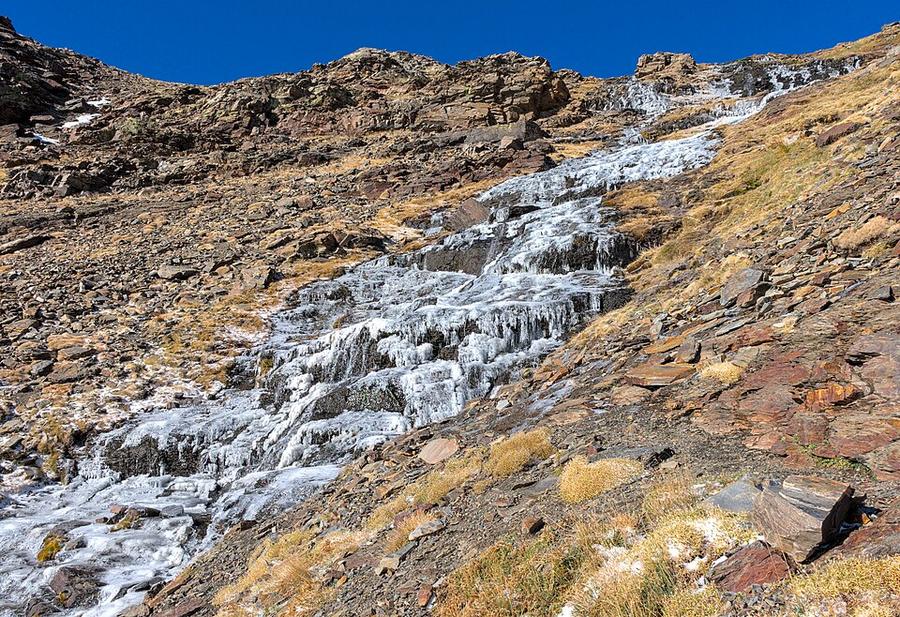 Runoff ice from Laguna Hondera in Capileira, Sierra Nevada National Park